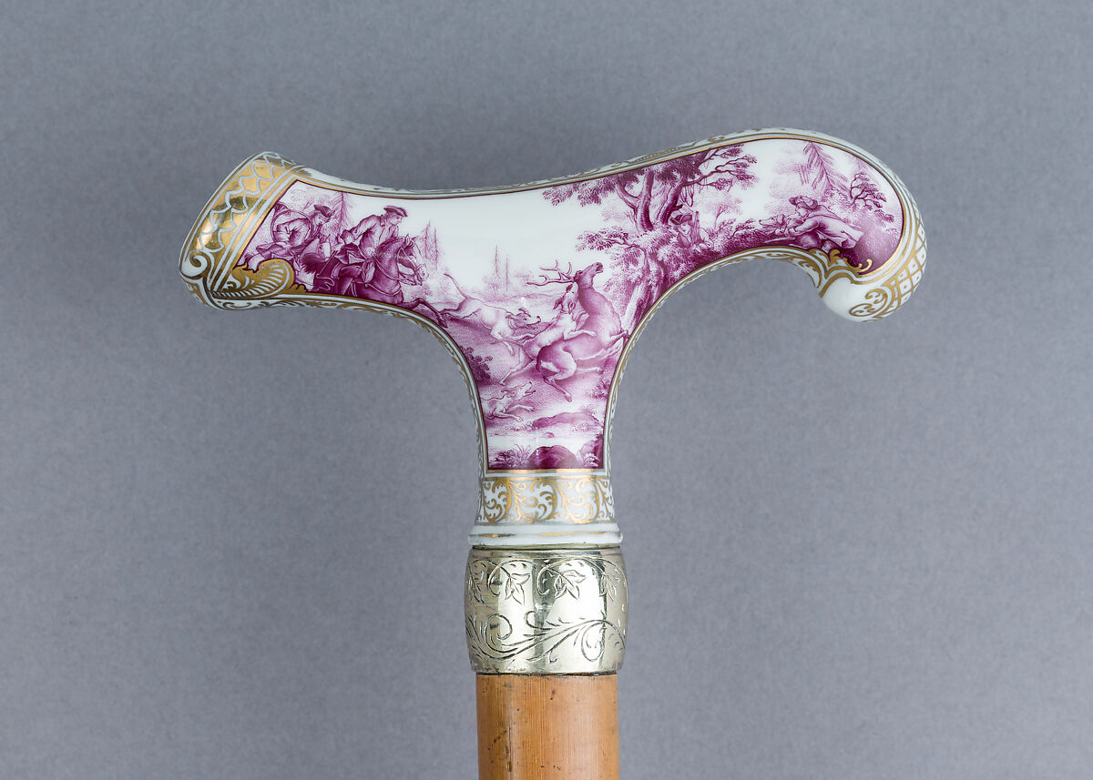 Walking Stick with Companion Hunting Sword, Knife, and Scabbard, Porcelain, silver, gold, wood, copper alloy, steel, leather, German or Austrian