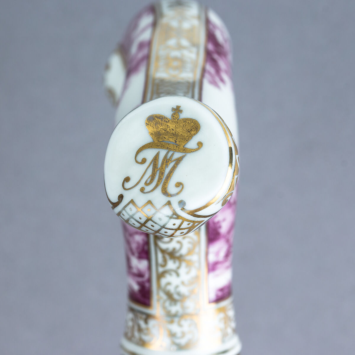 Walking Stick with Companion Hunting Sword, Knife, and Scabbard, Porcelain, silver, gold, wood, copper alloy, steel, leather, German or Austrian