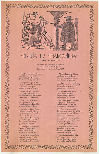 Corrido (ballad) relating to a woman who cheated on her husband and was then killed, José Chávez Morado (Mexican, 1909–2002), Photo-relief and letterpress on pink paper 