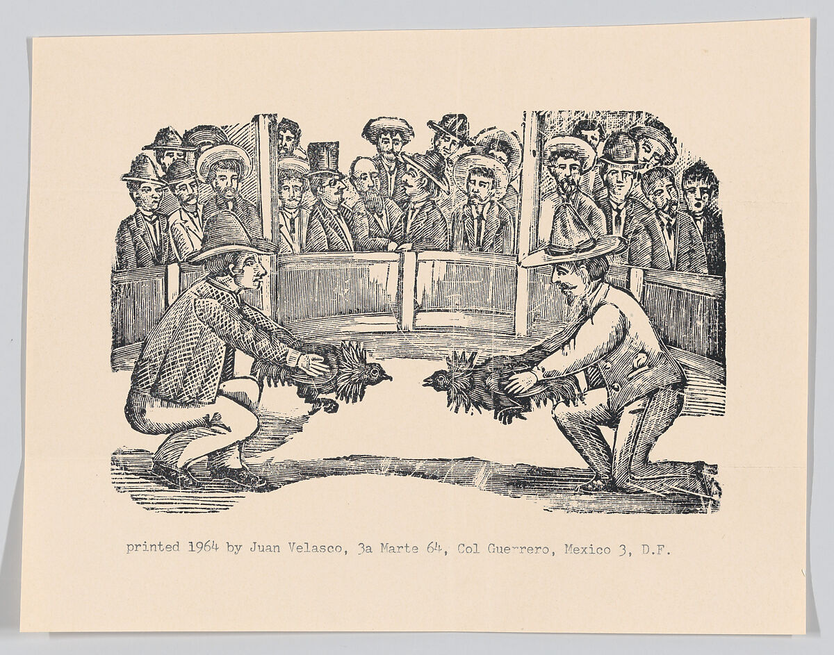 Two men in an arena holding cocks in preparation for a fight, spectators around the perimeter, ? José Guadalupe Posada (Mexican, 1851–1913), Type-metal engraving 