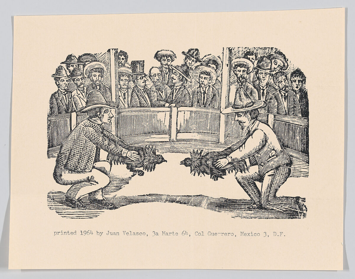 Two men in an arena holding cocks in preparation for a fight, spectators around the perimeter, ? José Guadalupe Posada (Mexican, Aguascalientes 1852–1913 Mexico City), Type-metal engraving 