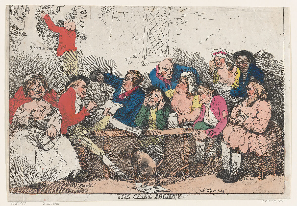 The Slang Society, Thomas Rowlandson (British, London 1757–1827 London), Hand-colored etching 