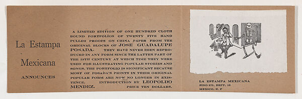 A small cut by Posada of a skeleton frightening a man pasted to an advertisment for a limited edition portfolio of prints by Posada with an introdution by Leopoldo Méndez, José Guadalupe Posada (Mexican, Aguascalientes 1852–1913 Mexico City), Zincograph and letterpress 