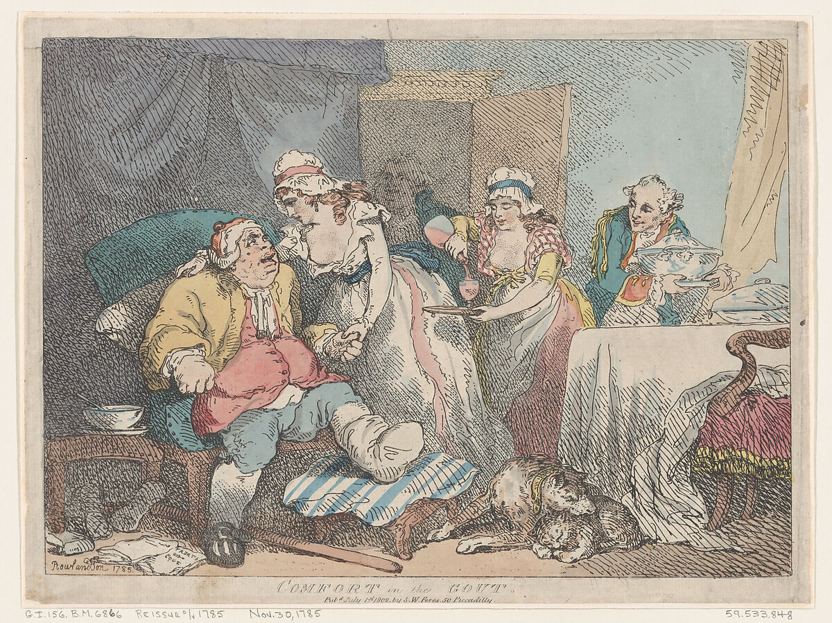 Comfort in the Gout, Thomas Rowlandson (British, London 1757–1827 London), Hand-colored etching 
