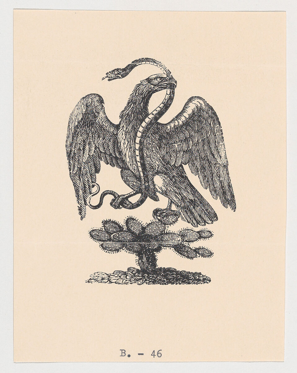 An eagle resting on a cactus holding a snake in its beak (from the Mexican coat of arms), Anonymous, Zincograph 