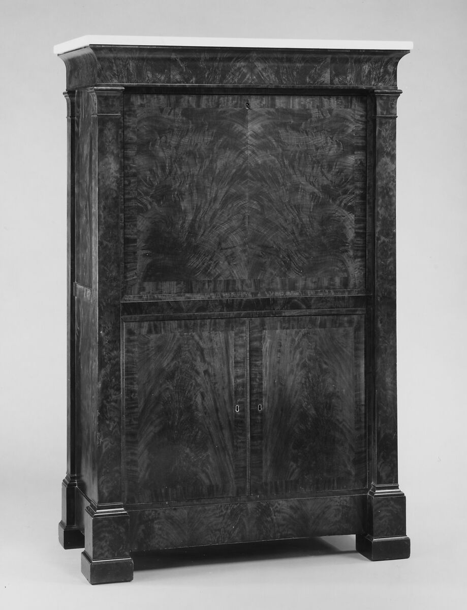 Secrétaire à abattant, Attributed to the Workshop of Duncan Phyfe (American (born Scotland), near Lock Fannich, Ross-Shire, Scotland 1768/1770–1854 New York), Mahogany, mahogany veneer, yellow poplar,  white pine, gilded brass, mirrored plate glass, marble, ivory, American