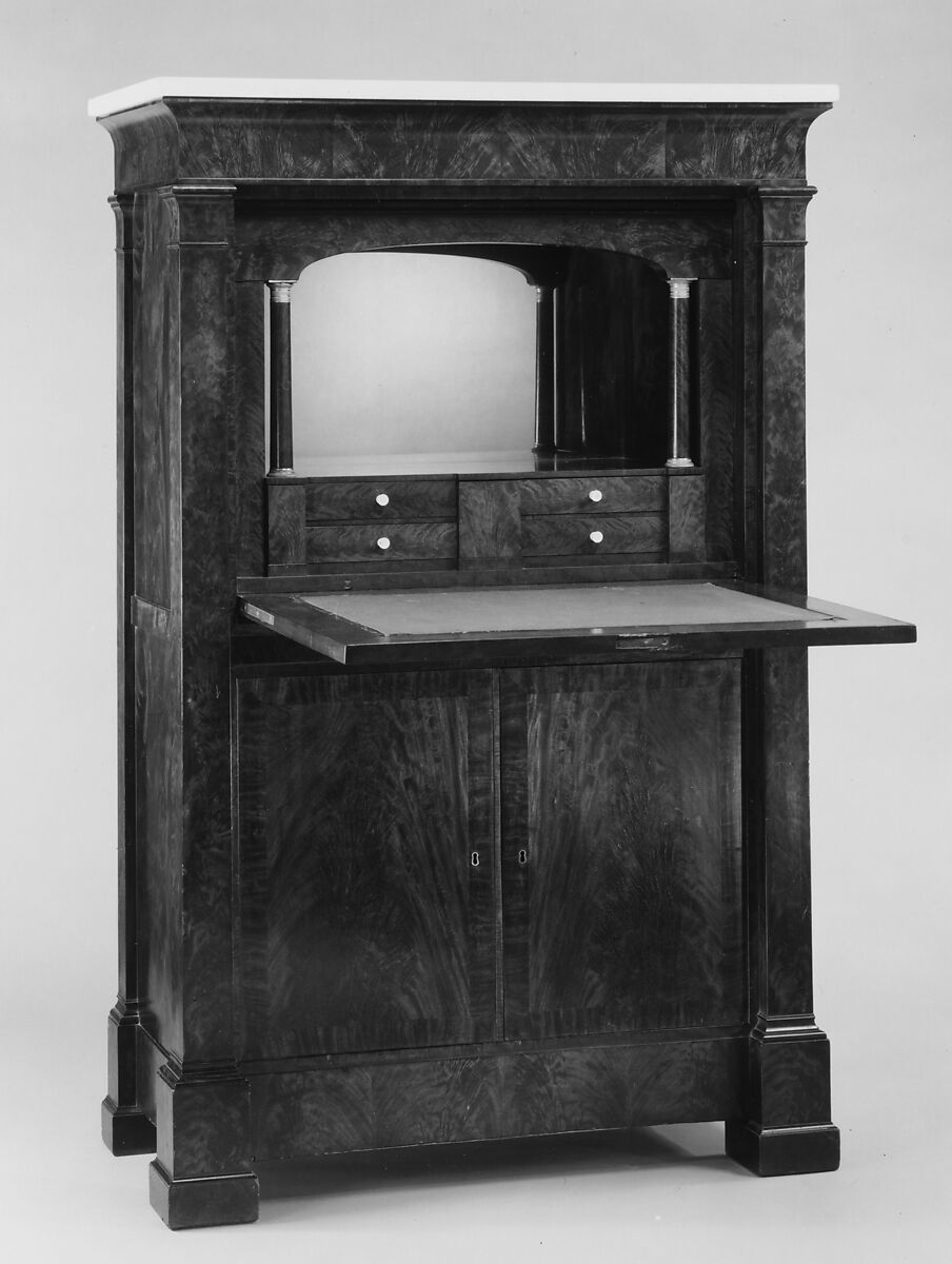 Secrétaire à abattant, Attributed to the Workshop of Duncan Phyfe (American (born Scotland), near Lock Fannich, Ross-Shire, Scotland 1768/1770–1854 New York), Mahogany, mahogany veneer, yellow poplar,  white pine, gilded brass, mirrored plate glass, marble, ivory, American