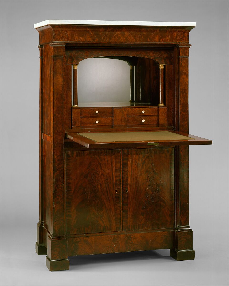 Secrétaire à abattant, Attributed to the Workshop of Duncan Phyfe (American (born Scotland), near Lock Fannich, Ross-Shire, Scotland 1768/1770–1854 New York), Mahogany, mahogany veneer, yellow poplar,  white pine, gilded brass, mirrored plate glass, marble, ivory, American