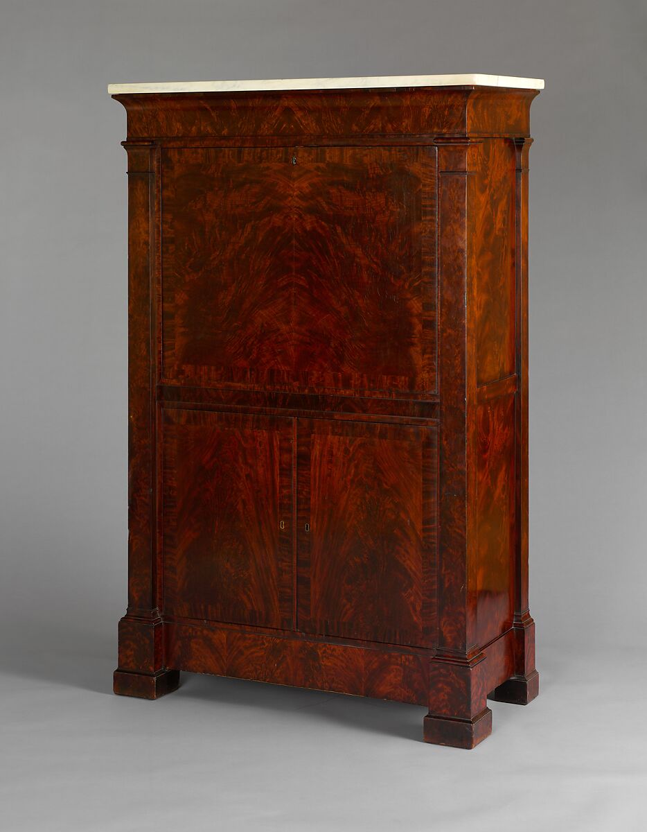 Secrétaire à abattant, Attributed to the Workshop of Duncan Phyfe (American (born Scotland), near Lock Fannich, Ross-Shire, Scotland 1768/1770–1854 New York), Mahogany, mahogany veneer, yellow poplar,  white pine, gilded brass, mirrored plate glass, marble, ivory, American