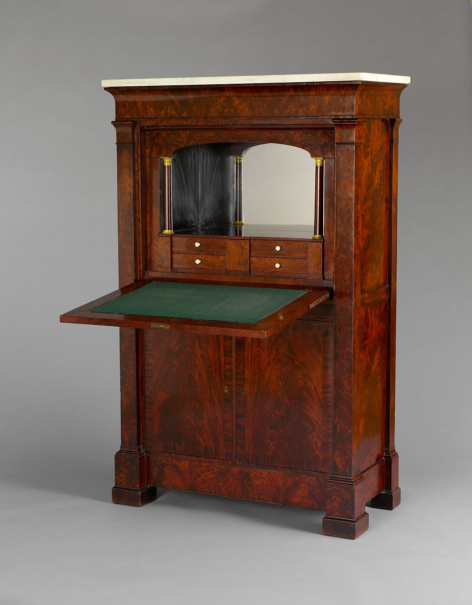 Secrétaire à abattant, Attributed to the Workshop of Duncan Phyfe (American (born Scotland), near Lock Fannich, Ross-Shire, Scotland 1768/1770–1854 New York), Mahogany, mahogany veneer, yellow poplar,  white pine, gilded brass, mirrored plate glass, marble, ivory, American