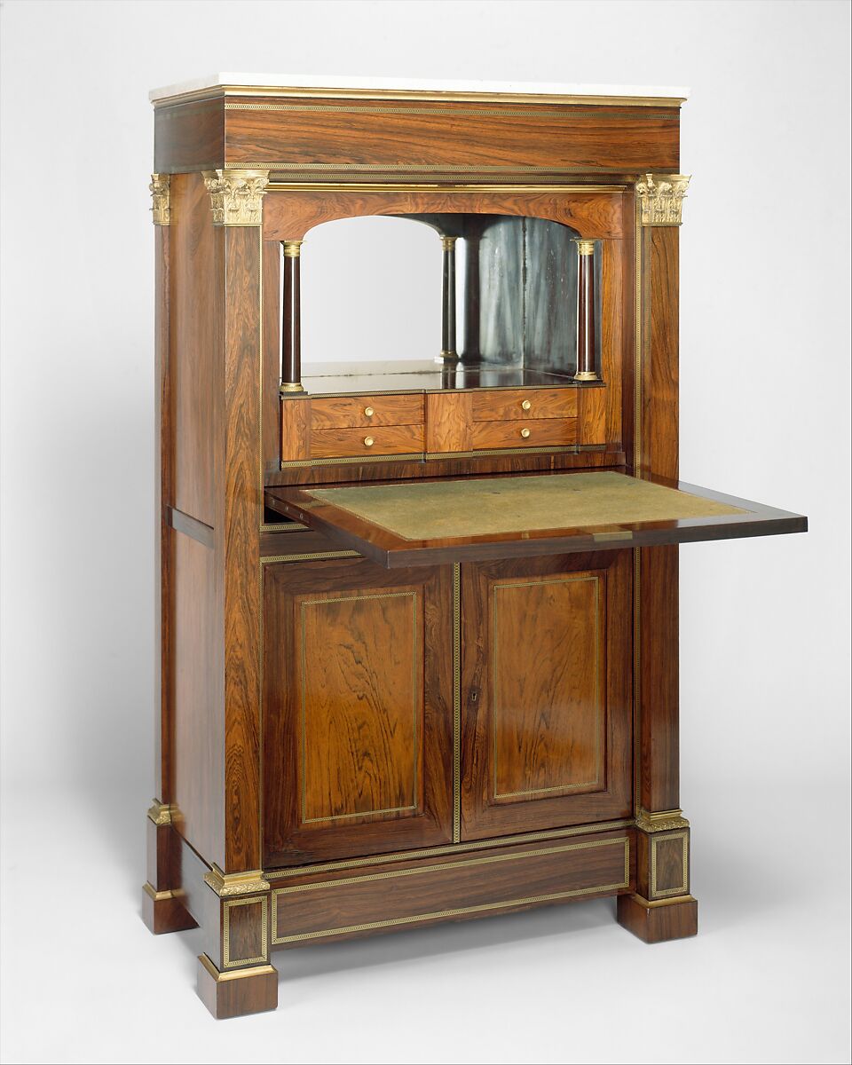 Secrétaire à abattant, Attributed to the Workshop of Duncan Phyfe (American (born Scotland), near Lock Fannich, Ross-Shire, Scotland 1768/1770–1854 New York), Mahogany, mahogany veneer, yellow poplar,  white pine, gilded brass, mirrored plate glass, marble, ivory, American