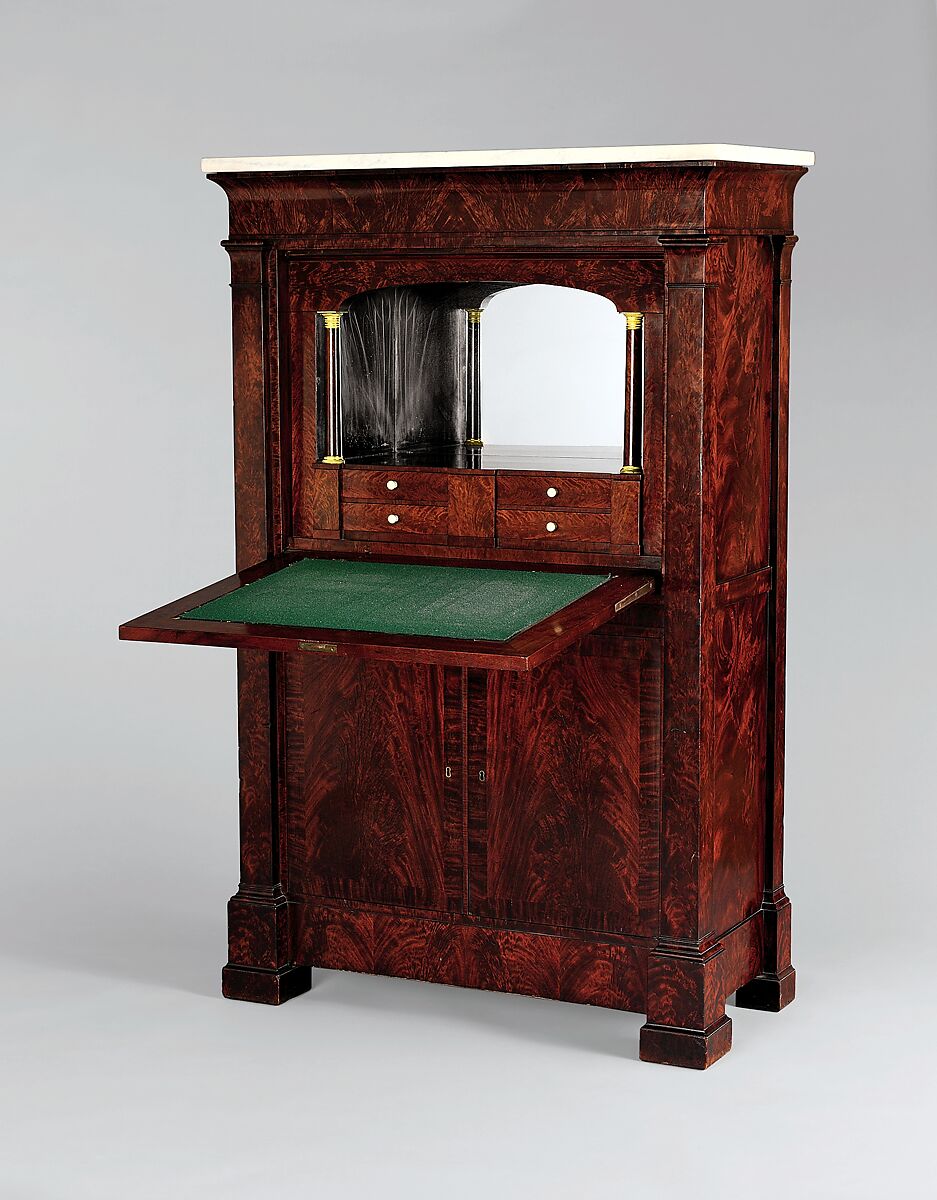 Secrétaire à abattant, Attributed to the Workshop of Duncan Phyfe (American (born Scotland), near Lock Fannich, Ross-Shire, Scotland 1768/1770–1854 New York), Mahogany, mahogany veneer, yellow poplar,  white pine, gilded brass, mirrored plate glass, marble, ivory, American
