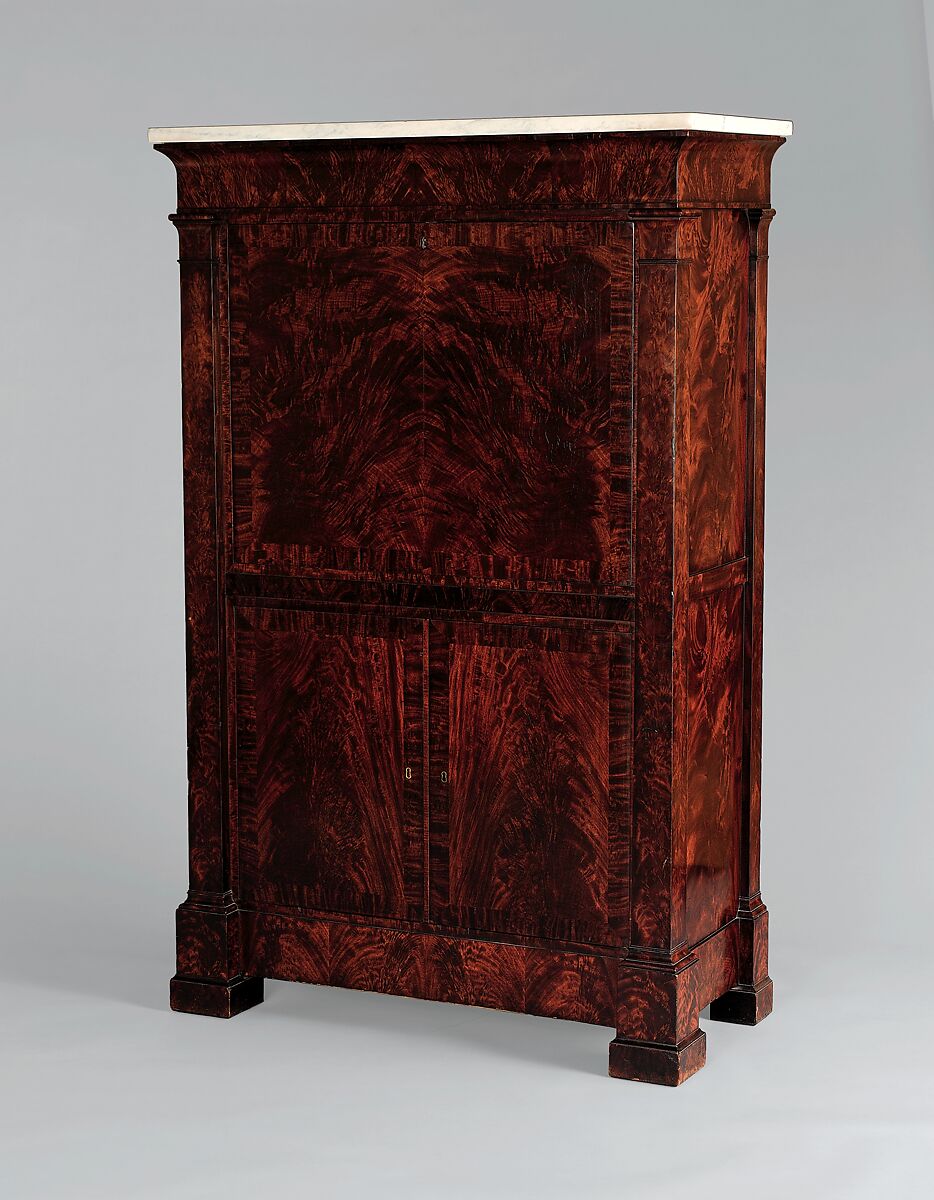 Secrétaire à abattant, Attributed to the Workshop of Duncan Phyfe (American (born Scotland), near Lock Fannich, Ross-Shire, Scotland 1768/1770–1854 New York), Mahogany, mahogany veneer, yellow poplar,  white pine, gilded brass, mirrored plate glass, marble, ivory, American