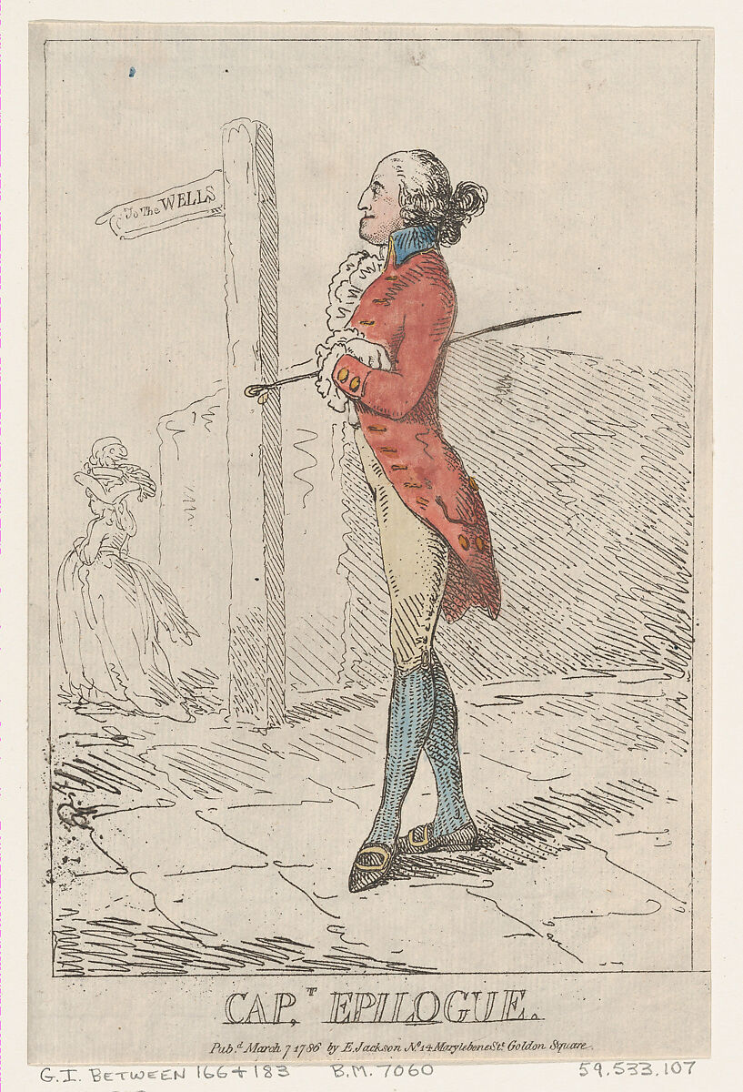 Captain Epilogue, Thomas Rowlandson (British, London 1757–1827 London), Hand-colored etching 