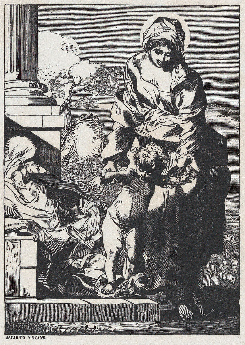 The Virgin helping baby Jesus take his first steps, Jacinto Enciso (Mexican), Wood engraving 
