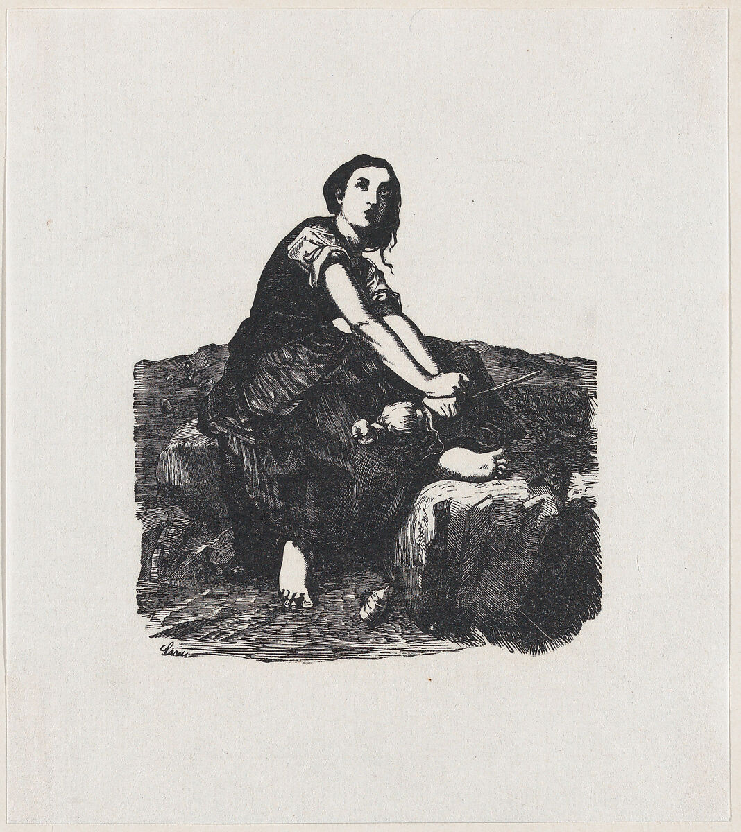 Girl seated on a rock holding a distaff, Anonymous, Mexican, Wood engraving 