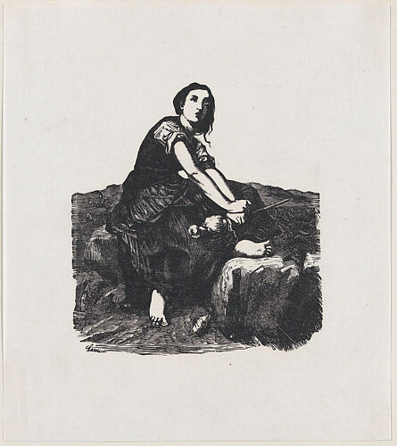 Girl seated on a rock holding a distaff