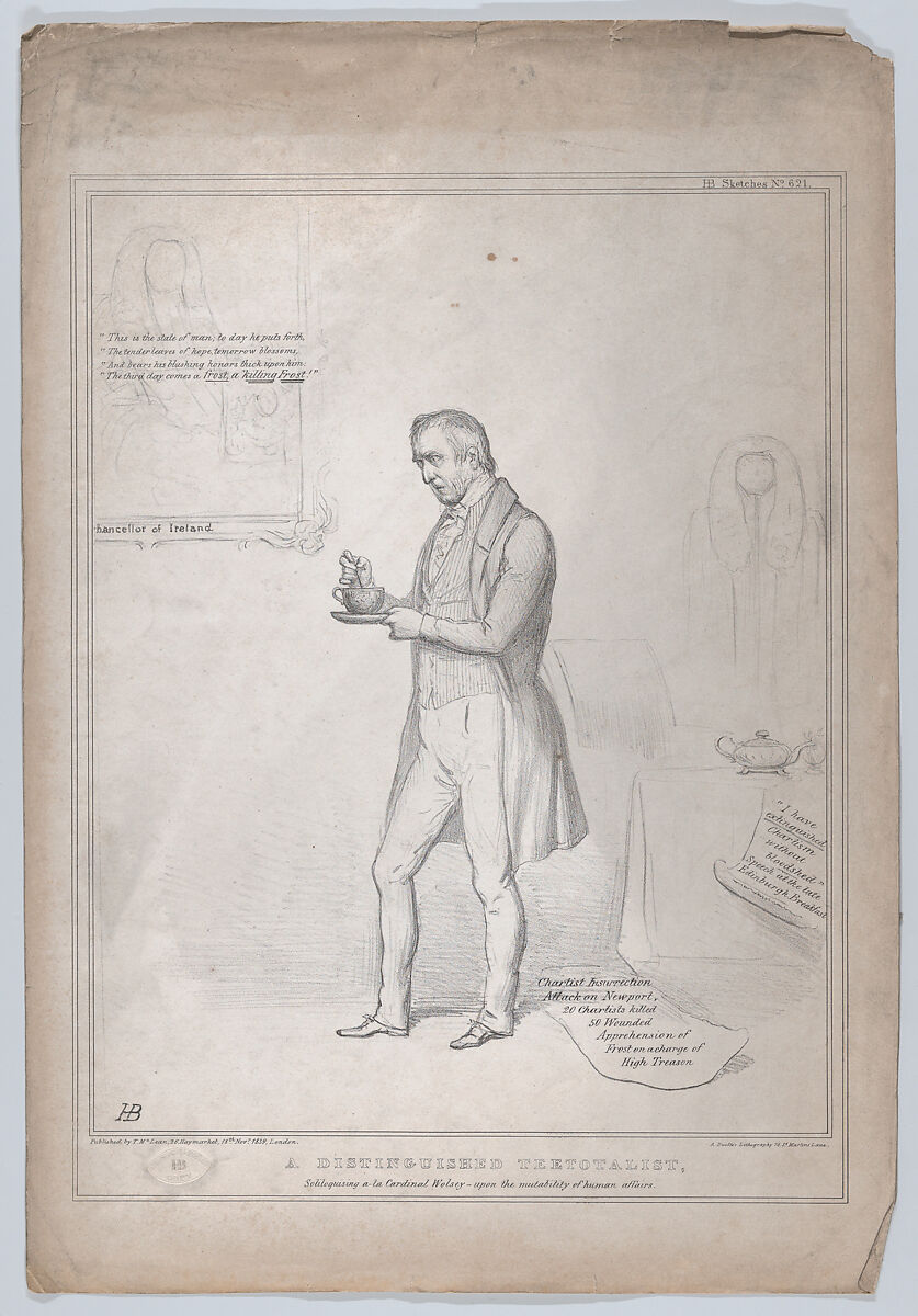 A Distinguished Teetotalist, Soliloquising a-la Cardinal Wolsey–upon the mutability of human affairs, John Doyle (Irish, Dublin 1797–1868 London), Lithograph 