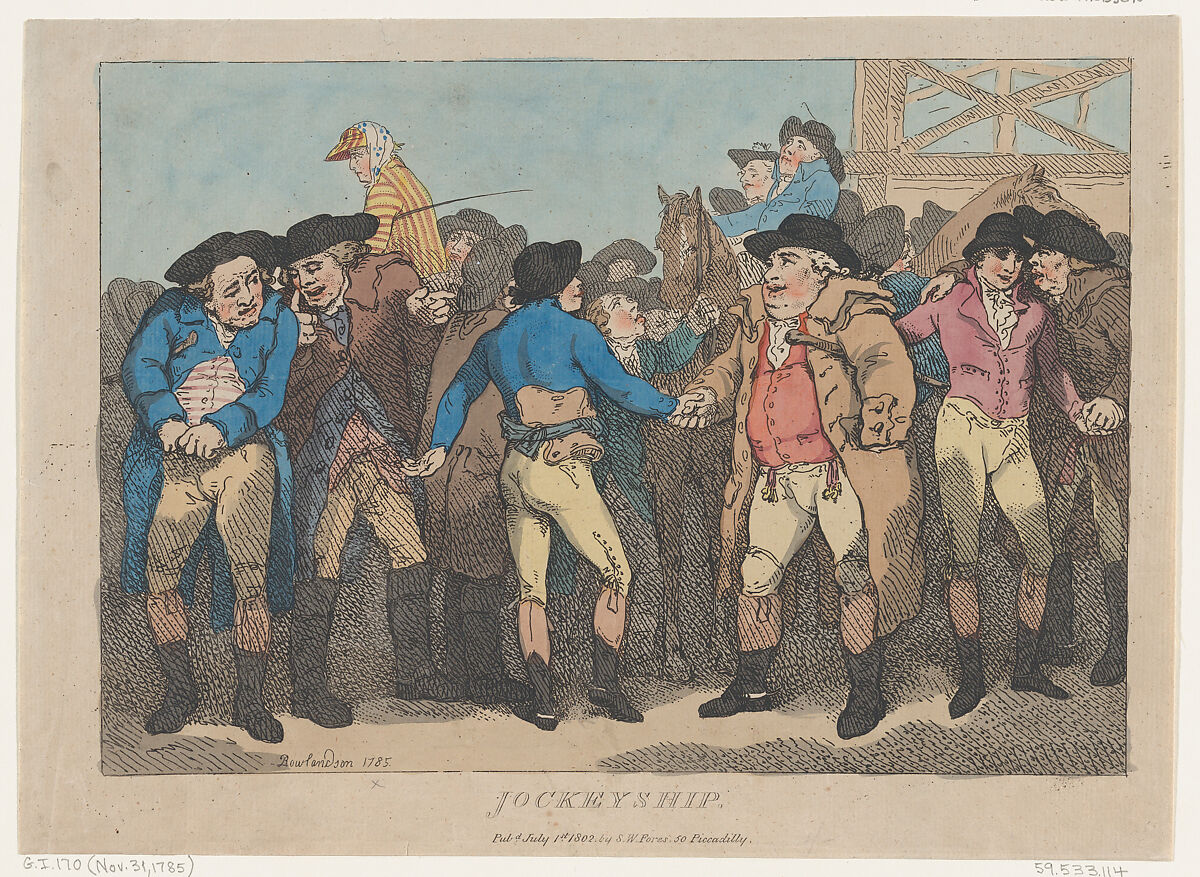 Jockeyship, Thomas Rowlandson (British, London 1757–1827 London), Hand-colored etching 
