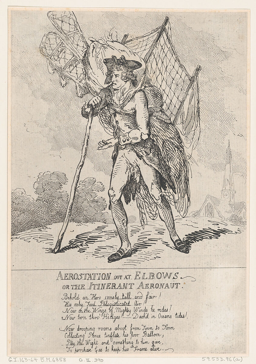 Aerostation out at Elbows, or The Itinerant Aeronaut, Thomas Rowlandson (British, London 1757–1827 London), Etching 