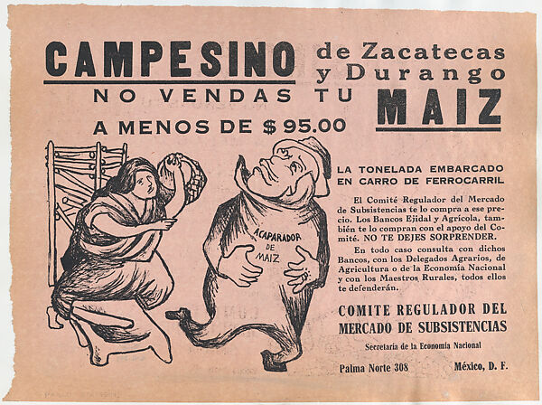 Flyer warning farmers from Zacatecas and Durango not to sell their crops under market value to profiteers, an image of a profiteer running away from a woman, Pablo Esteban O&#39;Higgins (American, Salt Lake City, Utah 1904–1983 Mexico City), Photo-relief and letterpress on pale pink paper 