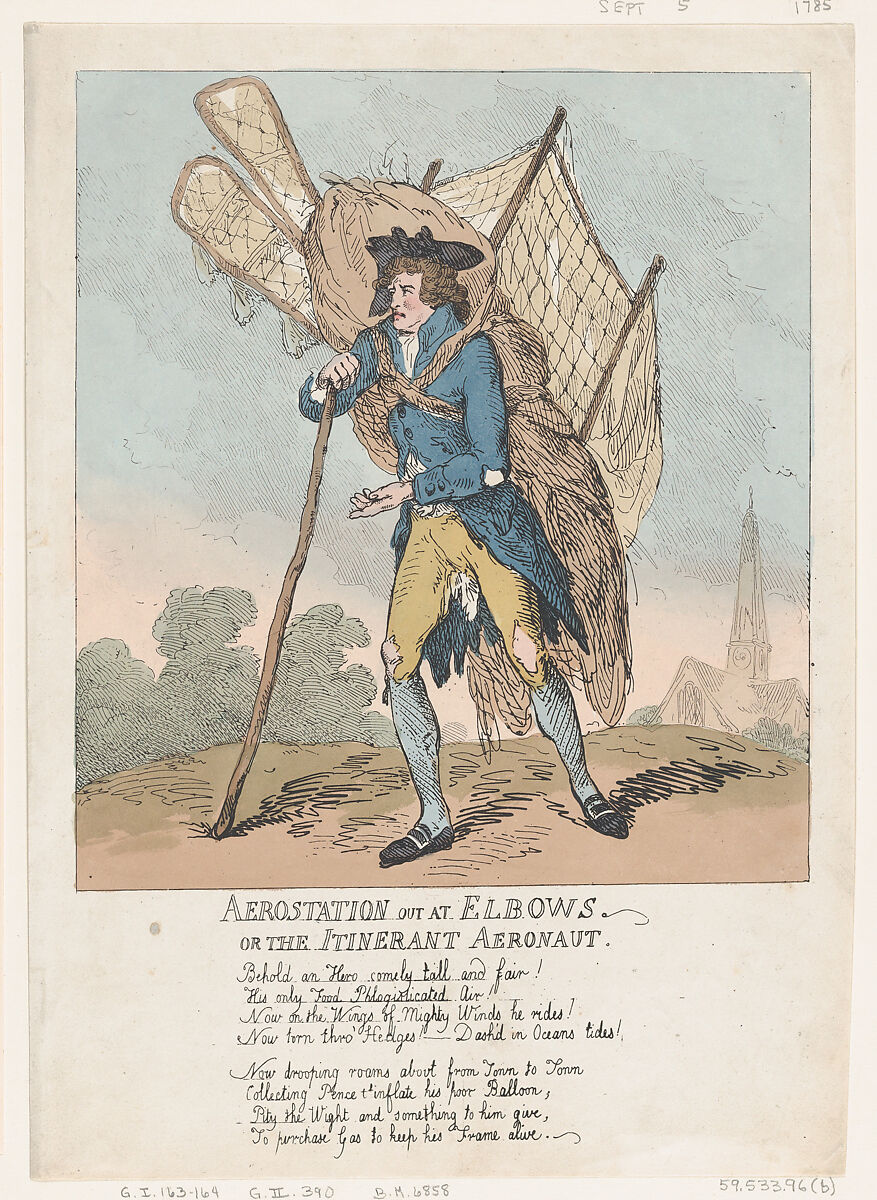 Aerostation out at Elbows, or The Itinerant Aeronaut, Thomas Rowlandson (British, London 1757–1827 London), Etching 