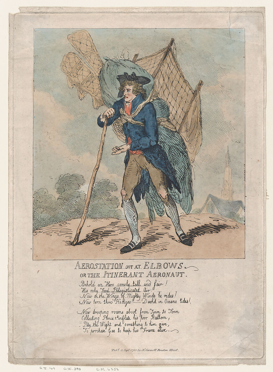 Aerostation out at Elbows, or The Itinerant Aeronaut, Thomas Rowlandson (British, London 1757–1827 London), Hand-colored etching 