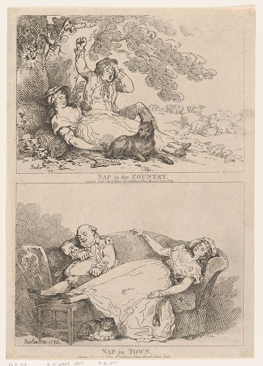 Nap in the Country, Nap in Town, Thomas Rowlandson (British, London 1757–1827 London), Etching 