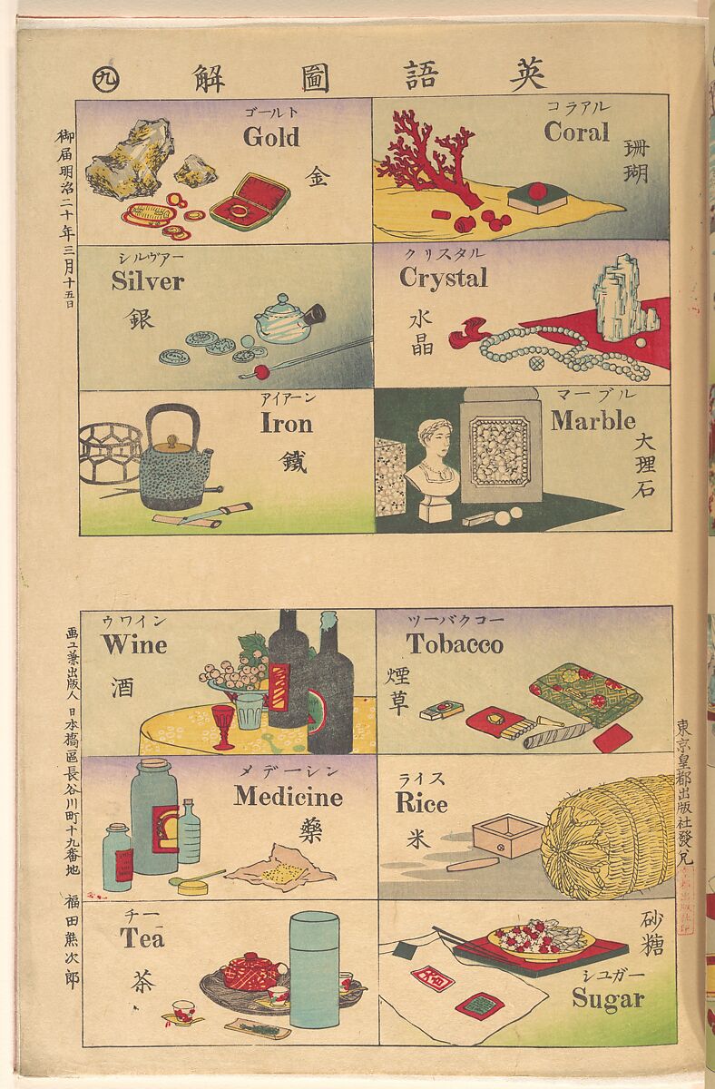 Pictorial Dictionary, Unidentified artist, Woodblock print; ink and color on paper, Japan