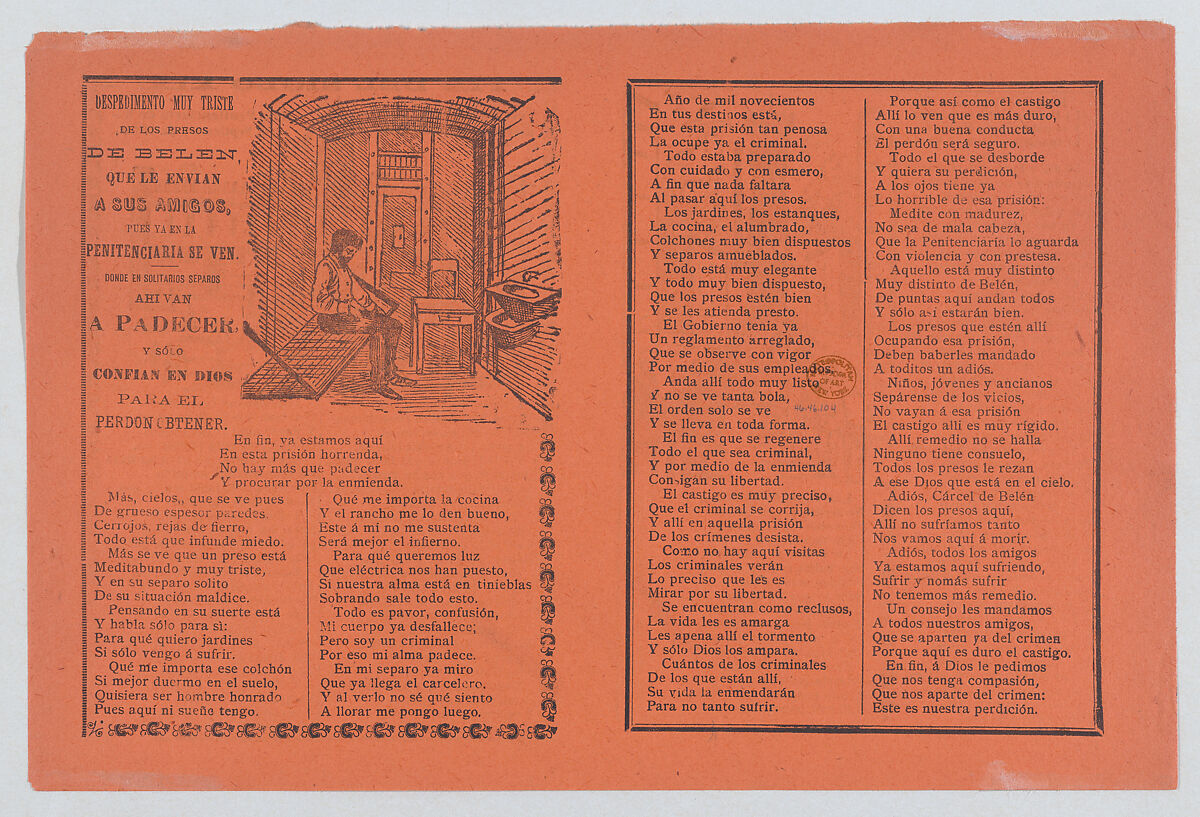 Broadsheet relating to life in prison, a man in his jail cell, José Guadalupe Posada (Mexican, Aguascalientes 1852–1913 Mexico City), Zincograph and letterpress on orange paper 