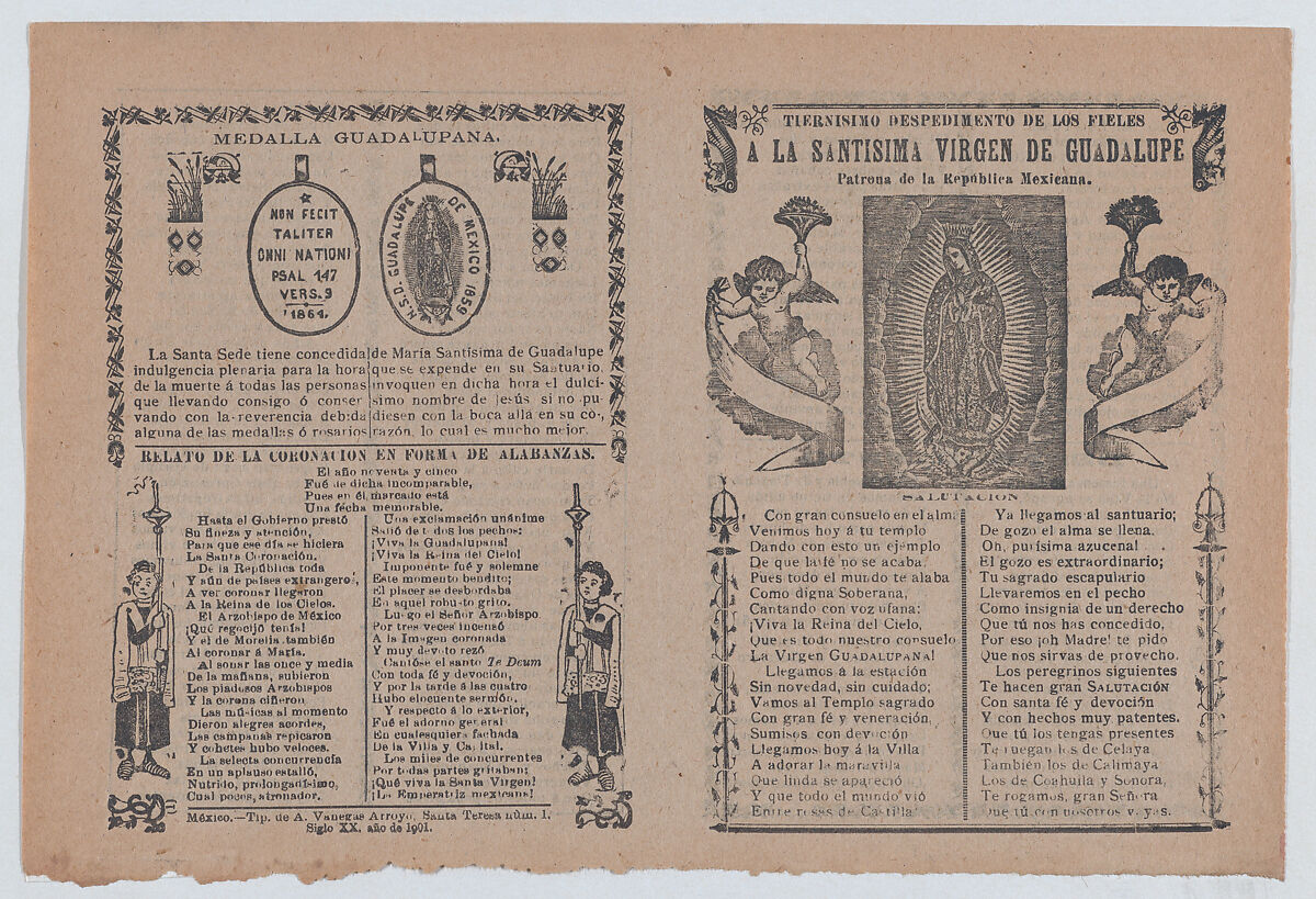 Broadsheet relating to the Virgin of Guadalupe who is shown flanked by angels, José Guadalupe Posada (Mexican, Aguascalientes 1852–1913 Mexico City), Type-metal engraving and letterpress on tan paper 
