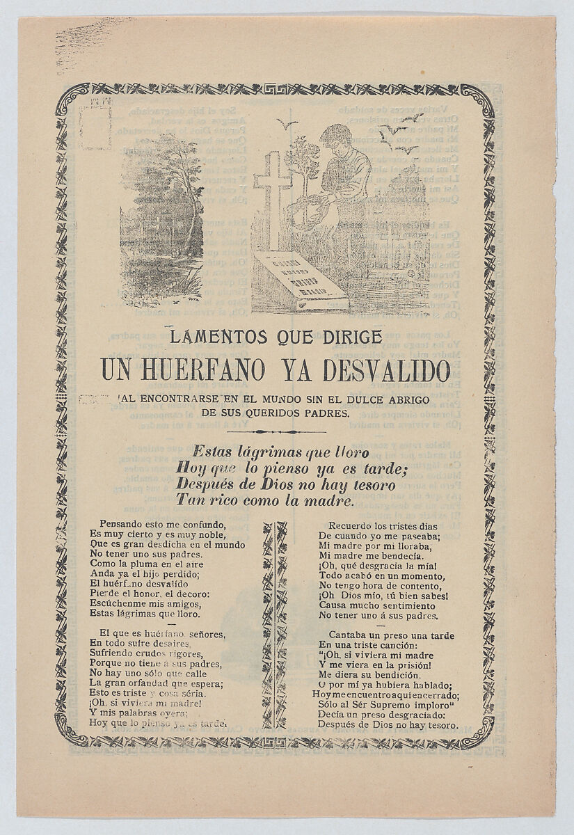 Broadsheet relating to the plight of an orphan, young boy standing at the graves of his parents in a cemetery, José Guadalupe Posada (Mexican, Aguascalientes 1852–1913 Mexico City), Zincograph and letterpress on beige paper 