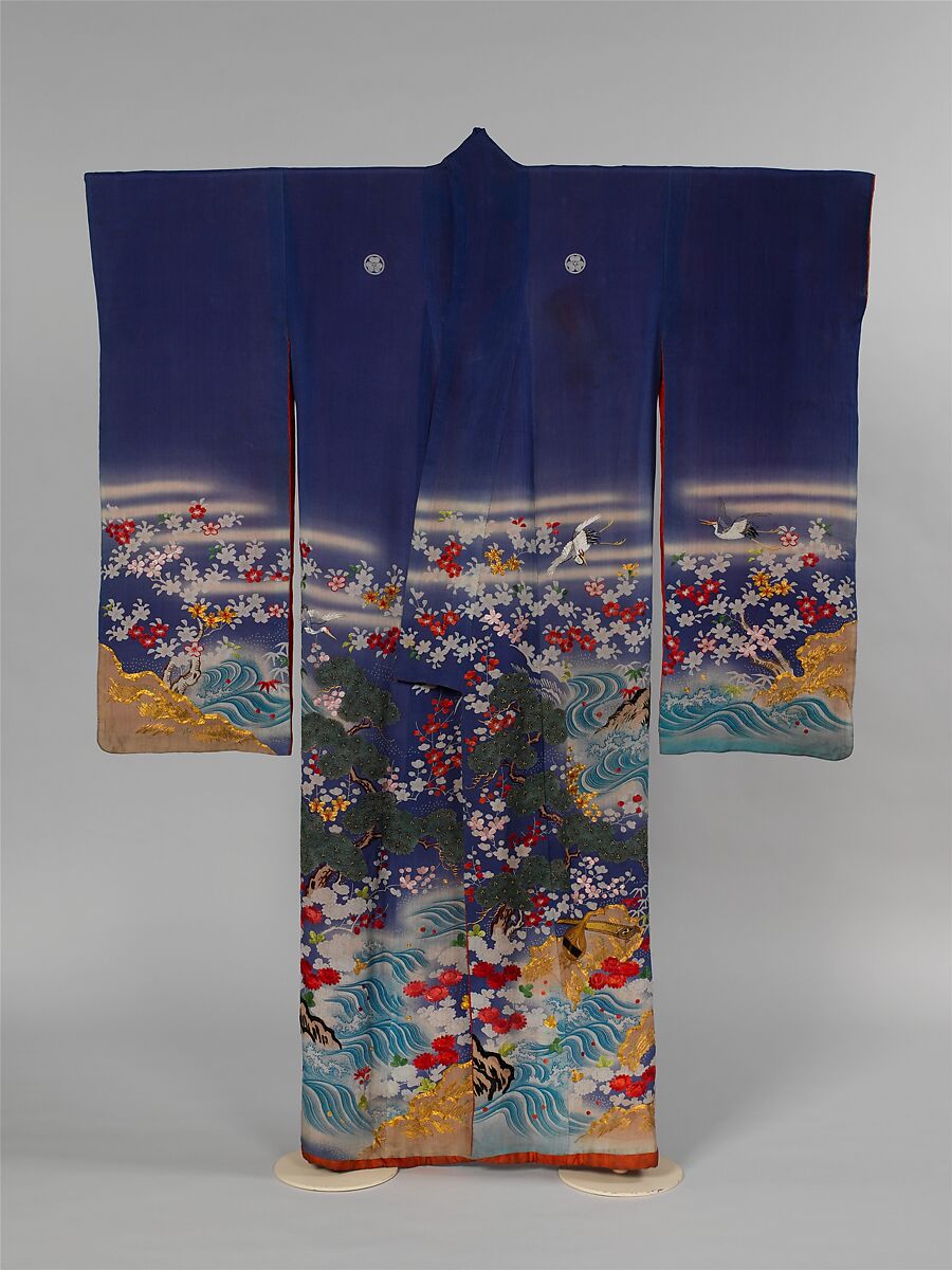 Kosode with a Paragon of Filial Piety, Resist-dyed, painted, and embroidered silk crepe, Japan