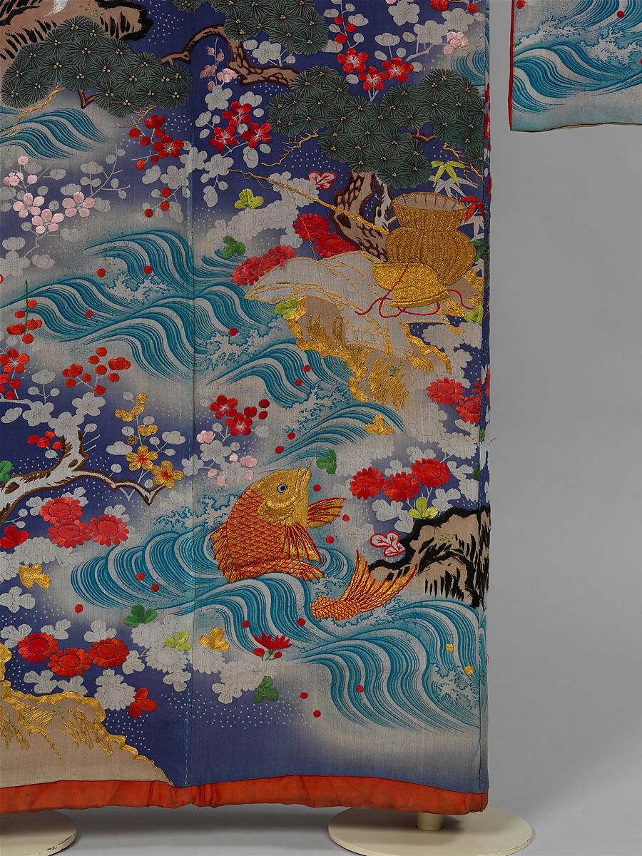 Kosode with a Paragon of Filial Piety, Resist-dyed, painted, and embroidered silk crepe, Japan