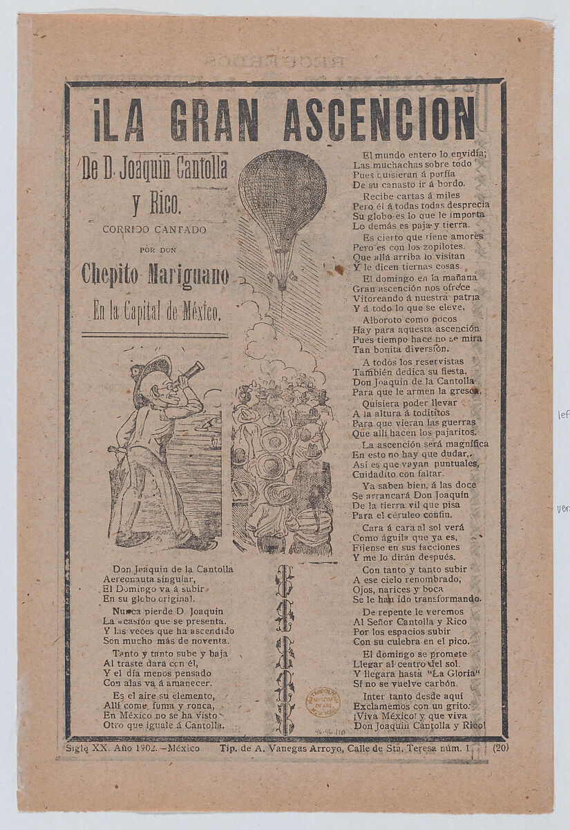 Broadsheet relating to the adventures of Don Joaquin Cantolla y Rico who travels in a hot air balloon, crowd of people watching him ascend, José Guadalupe Posada (Mexican, Aguascalientes 1852–1913 Mexico City), Zincograph and letterpress on tan paper 