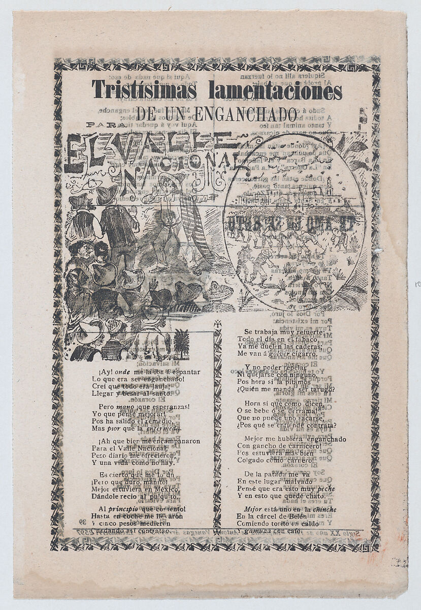 Broadsheet relating to people being tricked into working in tobacco fields, a man warning a crowd about harsh labor conditions, José Guadalupe Posada (Mexican, Aguascalientes 1852–1913 Mexico City), Zincograph and letterpress on beige paper 