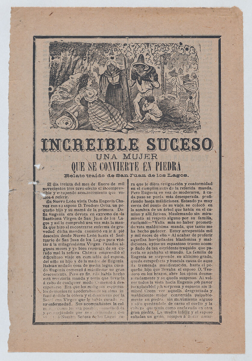 Broadsheet relating to a story about a woman who has turned into stone, a group of people discovering her in the woods, José Guadalupe Posada (Mexican, Aguascalientes 1852–1913 Mexico City), Type-metal engraving and letterpress on tan paper 