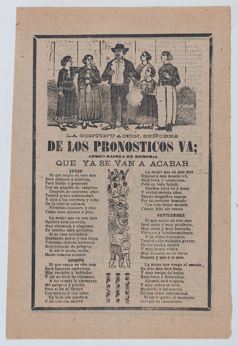 Broadsheet with monthly horoscopes; a group of women surrounding one man and a crowd of people raising their arms, José Guadalupe Posada (Mexican, Aguascalientes 1852–1913 Mexico City), Type-metal engraving, zincograph and letterpress on tan paper 