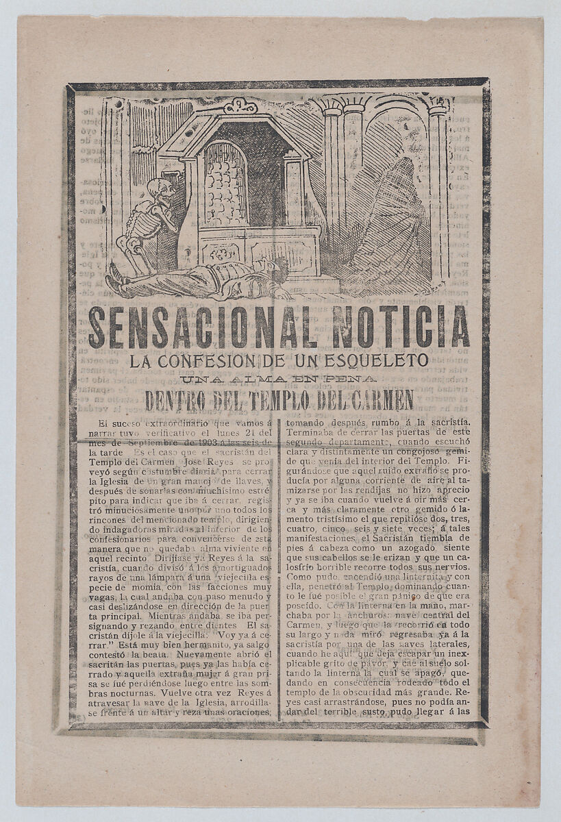 News story about the sighting of a skeleton inside a holy temple, a man lying on the floor while a skeleton returns to a chamber and a cloaked figure exits to the right, José Guadalupe Posada (Mexican, Aguascalientes 1852–1913 Mexico City), Zincograph and letterpress on tan paper 