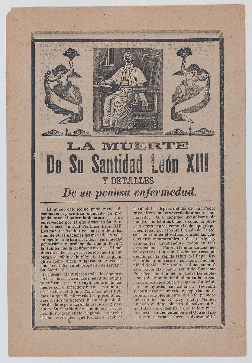 Broadsheet relating to the death of Pope León XIII, he is shown in his study flanked by angels, José Guadalupe Posada (Mexican, Aguascalientes 1852–1913 Mexico City), Type-metal engraving and letterpress on tan paper 