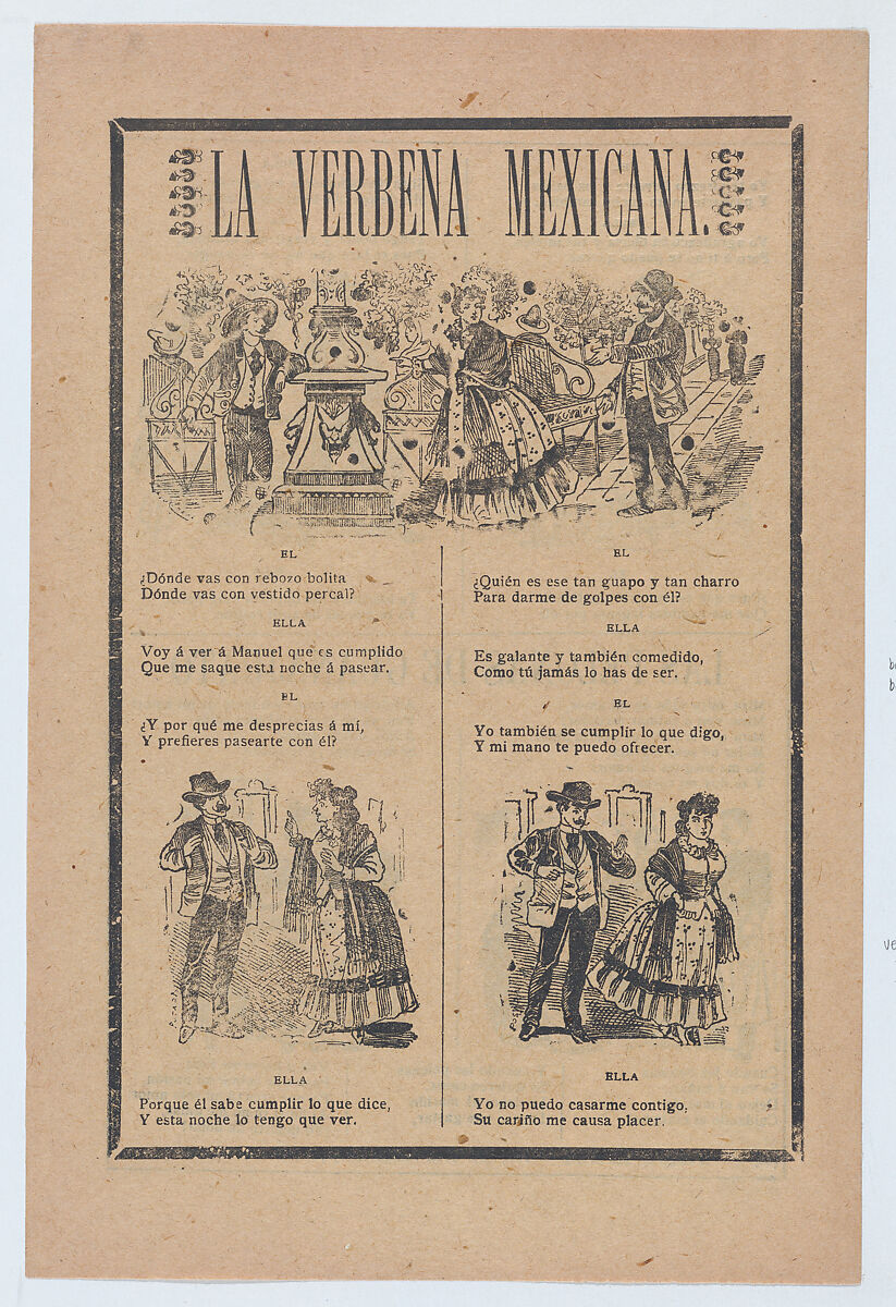 Broadsheet with a verse about a woman who rejects a male suitor for another, vignettes of a woman talking to various men, José Guadalupe Posada (Mexican, Aguascalientes 1852–1913 Mexico City), Zincograph and letterpress on tan paper 