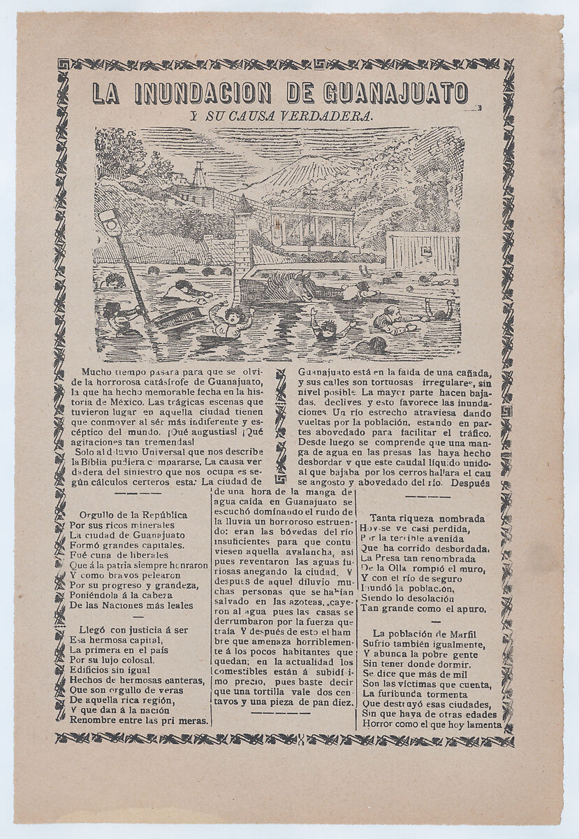 Broadsheet relating to a news story about the cause of a flood in Guanajuato, townspeople drowning, José Guadalupe Posada (Mexican, Aguascalientes 1852–1913 Mexico City), Zincograph and letterpress on tan paper 