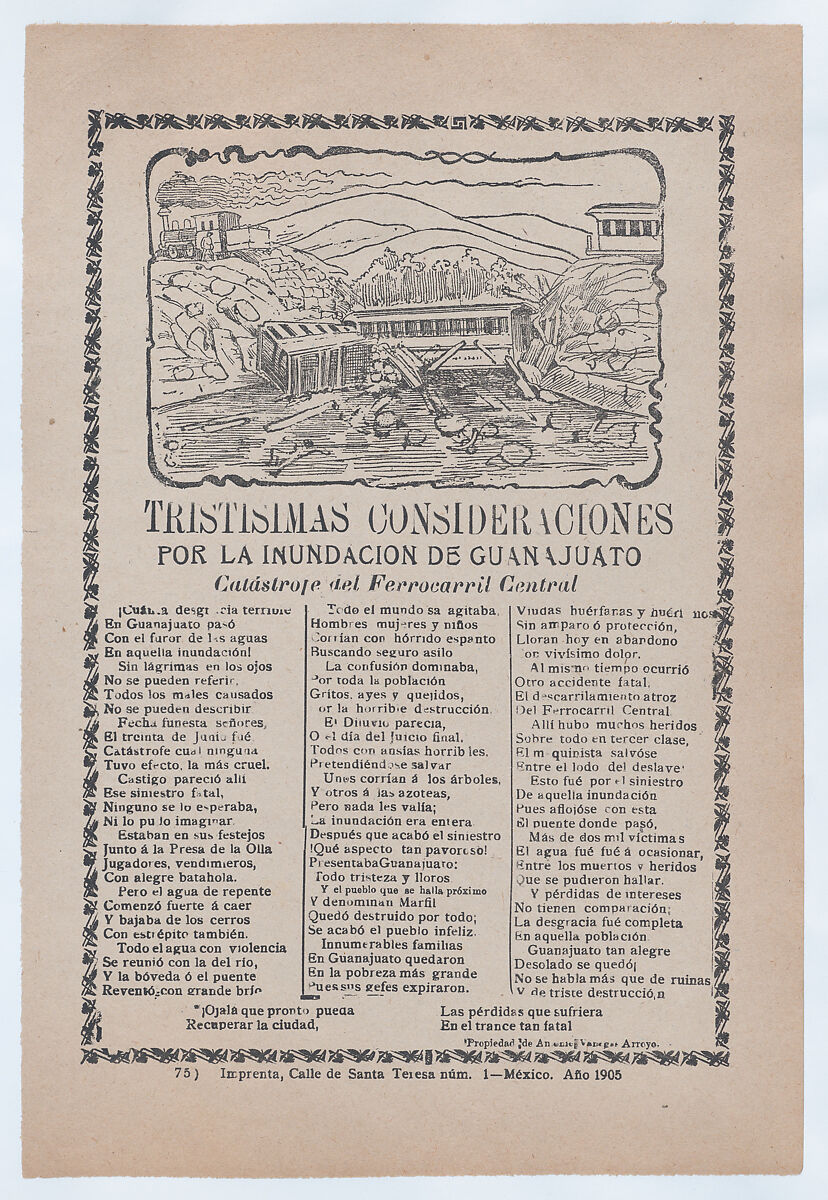 Broadsheet relating to a news story about the destruction following a flood in Guanajuato, a collapsed bridge and train car with victims, José Guadalupe Posada (Mexican, Aguascalientes 1852–1913 Mexico City), Zincograph and letterpress on tan paper 