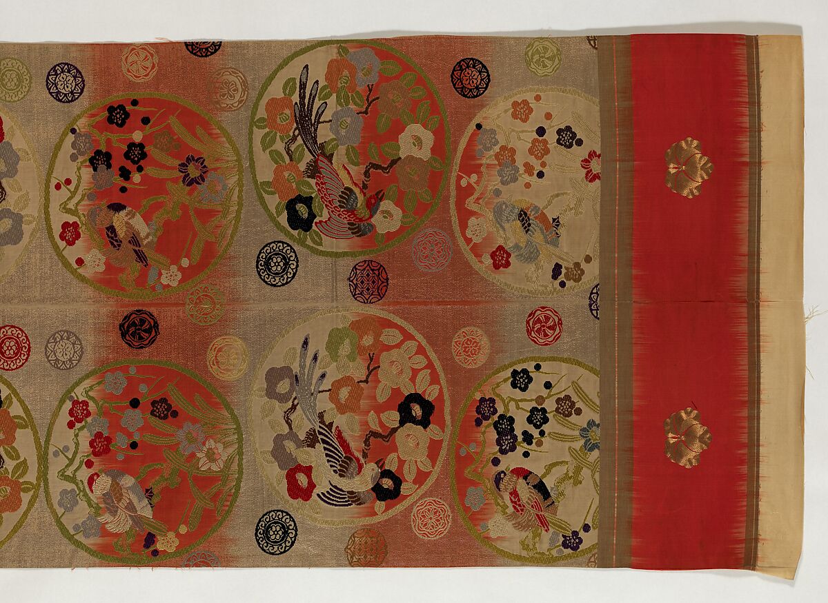 Obi with Repeating Floral Roundels and Birds, Silk and metallic thread, Japan