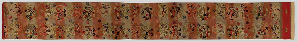 Obi with Repeating Floral Roundels and Birds, Silk and metallic thread, Japan