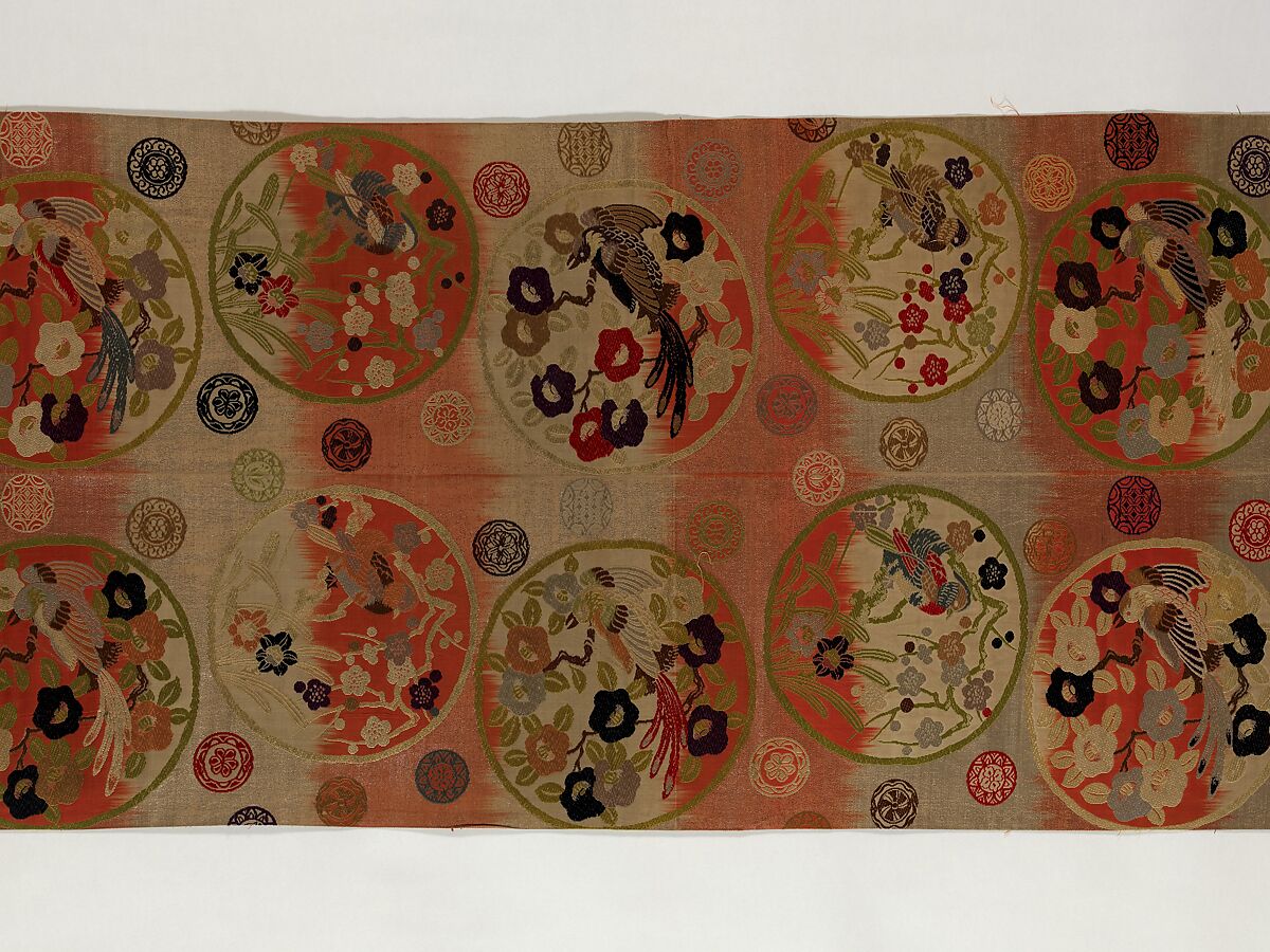 Obi with Repeating Floral Roundels and Birds, Silk and metallic thread, Japan