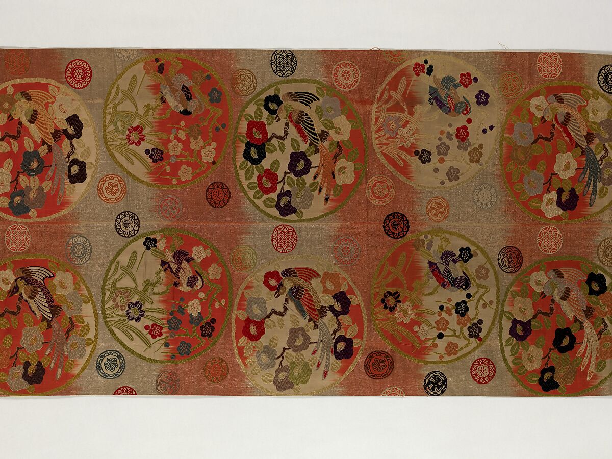 Obi with Repeating Floral Roundels and Birds, Silk and metallic thread, Japan