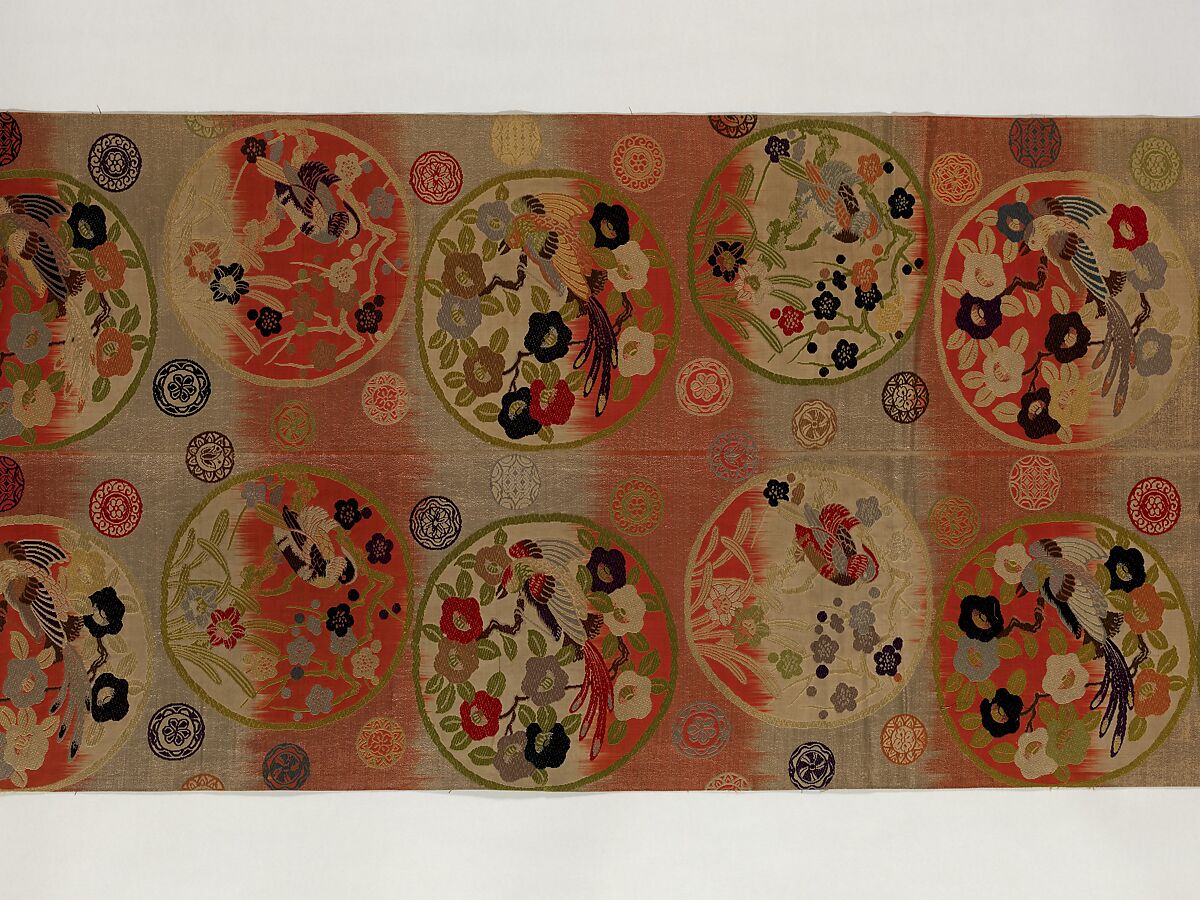 Obi with Repeating Floral Roundels and Birds, Silk and metallic thread, Japan