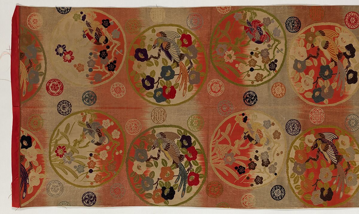 Obi with Repeating Floral Roundels and Birds, Silk and metallic thread, Japan 