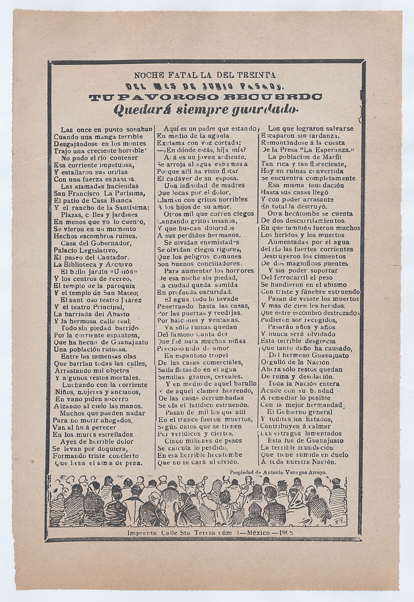 Broadsheet with victim accounts from a flood in Guanajuato, crowd of people waiving their hands and praying, José Guadalupe Posada (Mexican, Aguascalientes 1852–1913 Mexico City), Zincograph and letterpress on tan paper 